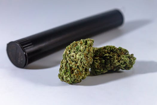 Nahaufnahme von Cannabisblüten mit einem schwarzen Aufbewahrungsbehälter, geeignet für medizinischen oder Freizeitgebrauch.