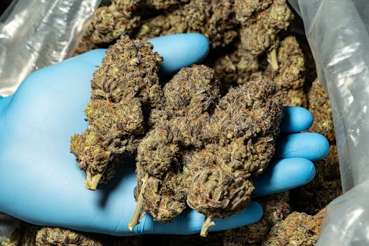 Nahaufnahme von Cannabisblüten in einer blau behandschuhten Hand, die Textur und Qualität der Buds zeigt.