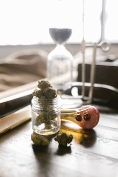 Nahaufnahme von Cannabisblüten in einem Glas mit einer Glaspfeife auf einer Holzoberfläche.