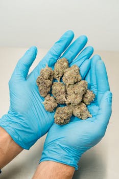 Nahaufnahme von blaubehandschuhten Händen, die Cannabisblüten vor neutralem Hintergrund halten.