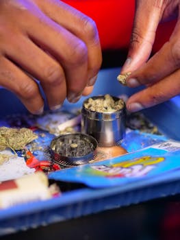 Detailaufnahme von Händen, die Cannabis mit einem Grinder auf einem bunten Tablett vorbereiten.