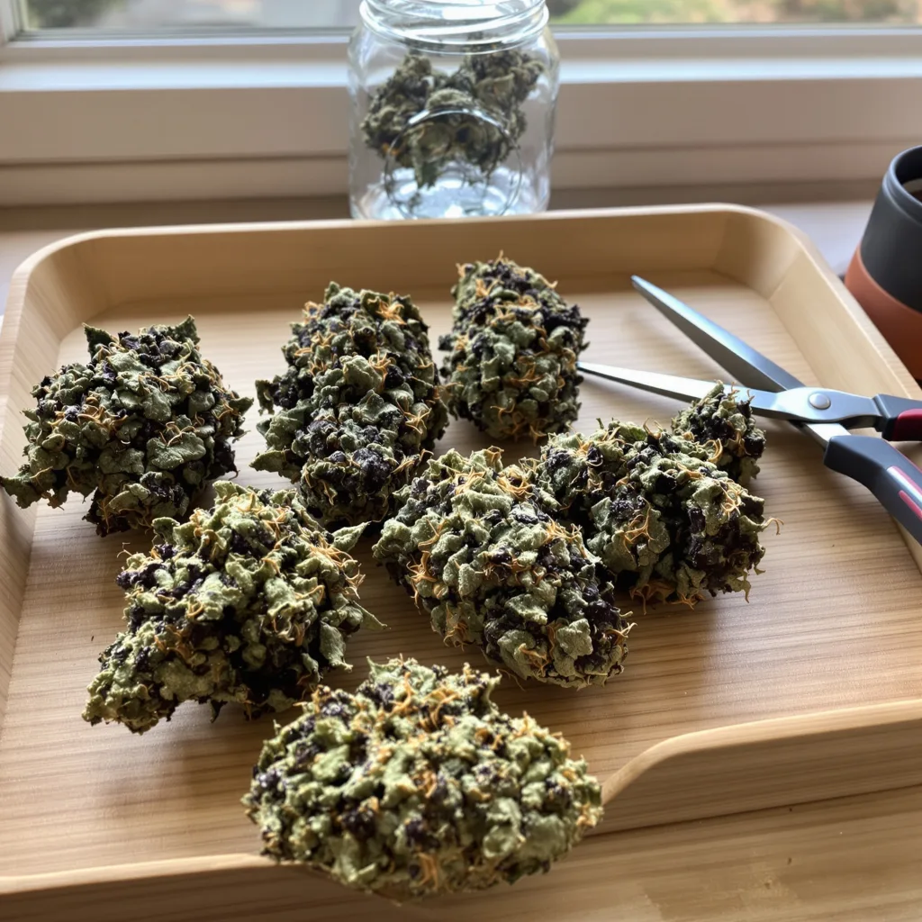 501st OG 74% Indica / 26% Sativa — Blüte mit sichtbaren Trichomen
