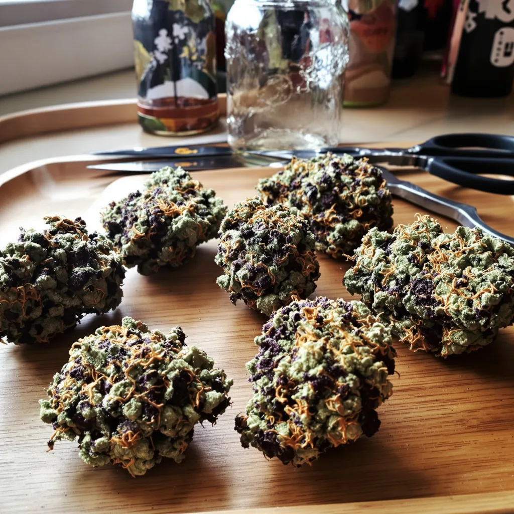 9 Pound Hammer 66% Indica / 34% Sativa — Blüte mit sichtbaren Trichomen