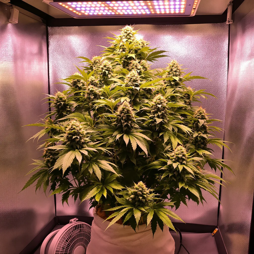 9 Pound Hammer 66% Indica / 34% Sativa — Blüte mit sichtbaren Trichomen