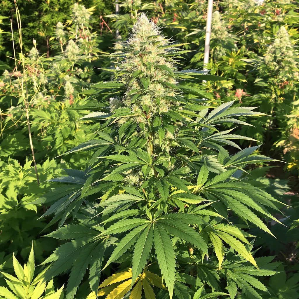 9 Pound Hammer 66% Indica / 34% Sativa — Blüte mit sichtbaren Trichomen