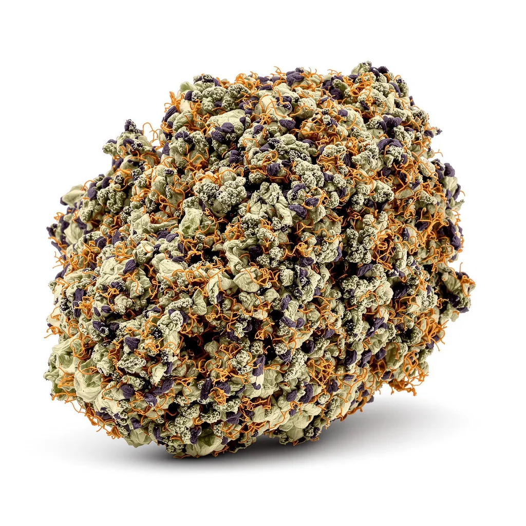 9 Pound Hammer 66% Indica / 34% Sativa — Blüte mit sichtbaren Trichomen