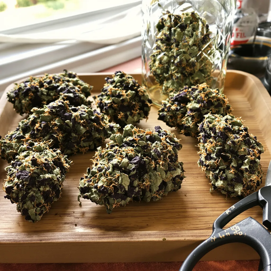 Abusive OG 85% Indica / 15% Sativa — Blüte mit sichtbaren Trichomen