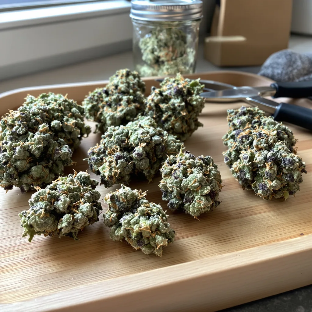 Afcrack 59% Indica / 41% Sativa — Blüte mit sichtbaren Trichomen