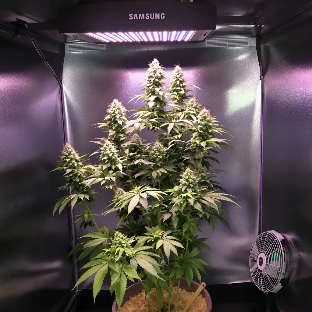 Afcrack 59% Indica / 41% Sativa — Blüte mit sichtbaren Trichomen