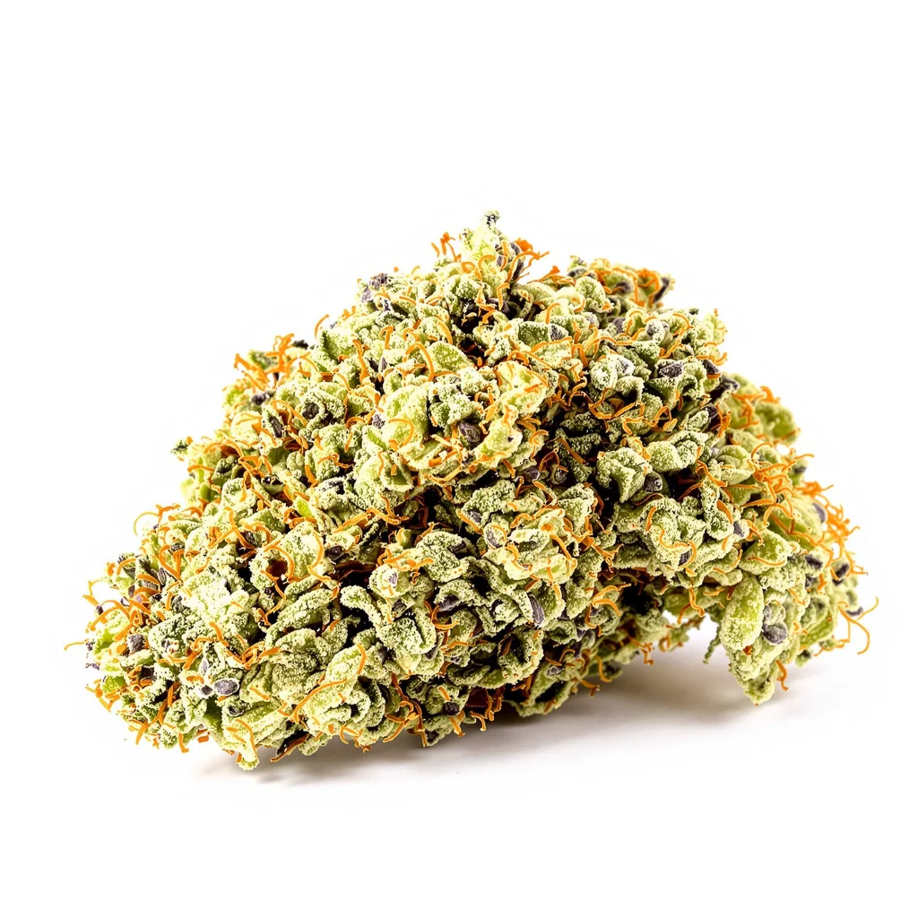 Afcrack 59% Indica / 41% Sativa — Blüte mit sichtbaren Trichomen