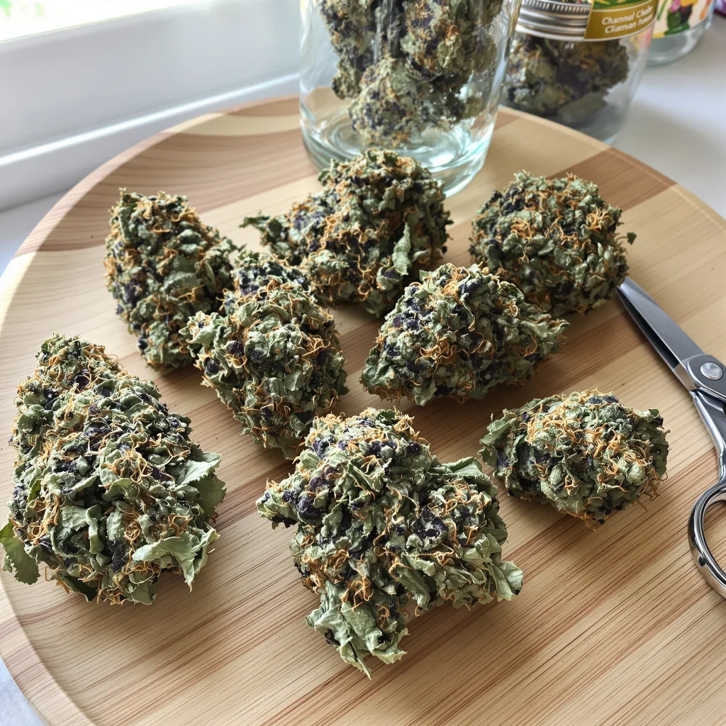 Afghan 70% Indica / 30% Sativa — Blüte mit sichtbaren Trichomen