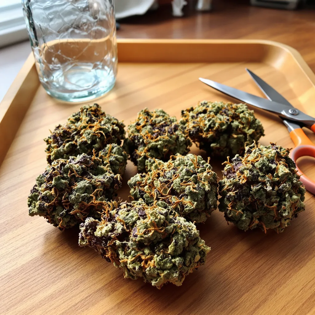 Afghan Kush 67% Indica / 33% Sativa — Blüte mit sichtbaren Trichomen