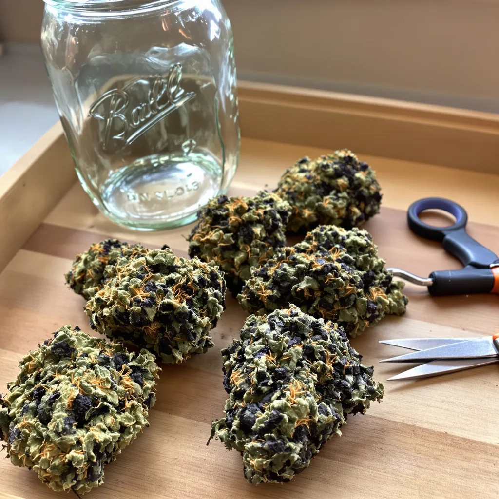 Afghani Bullrider 70% Indica / 30% Sativa — Blüte mit sichtbaren Trichomen