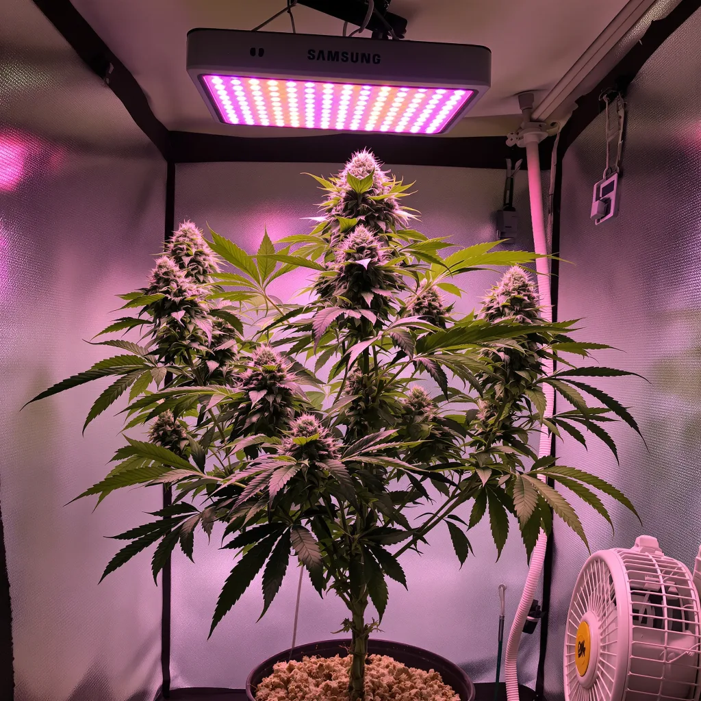 Afghani Bullrider 70% Indica / 30% Sativa — Blüte mit sichtbaren Trichomen