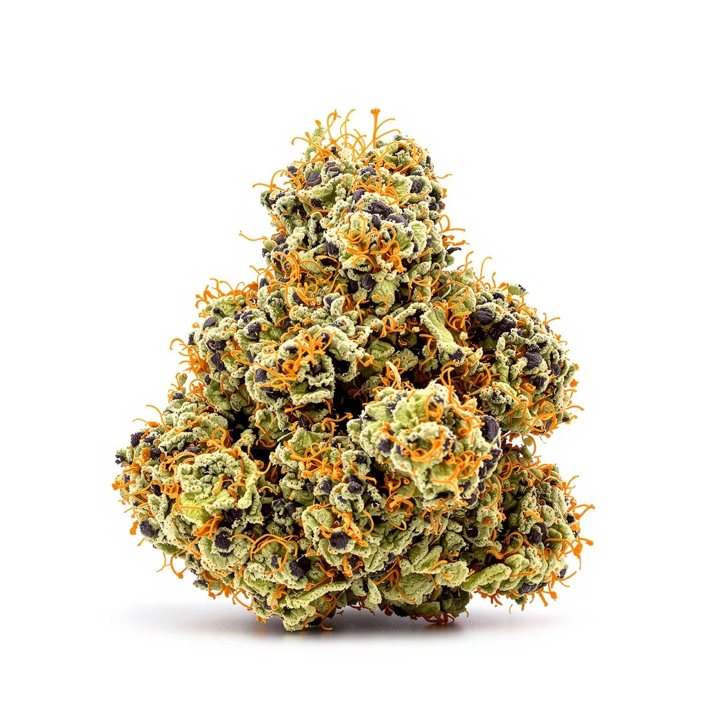 Afghani Bullrider 70% Indica / 30% Sativa — Blüte mit sichtbaren Trichomen
