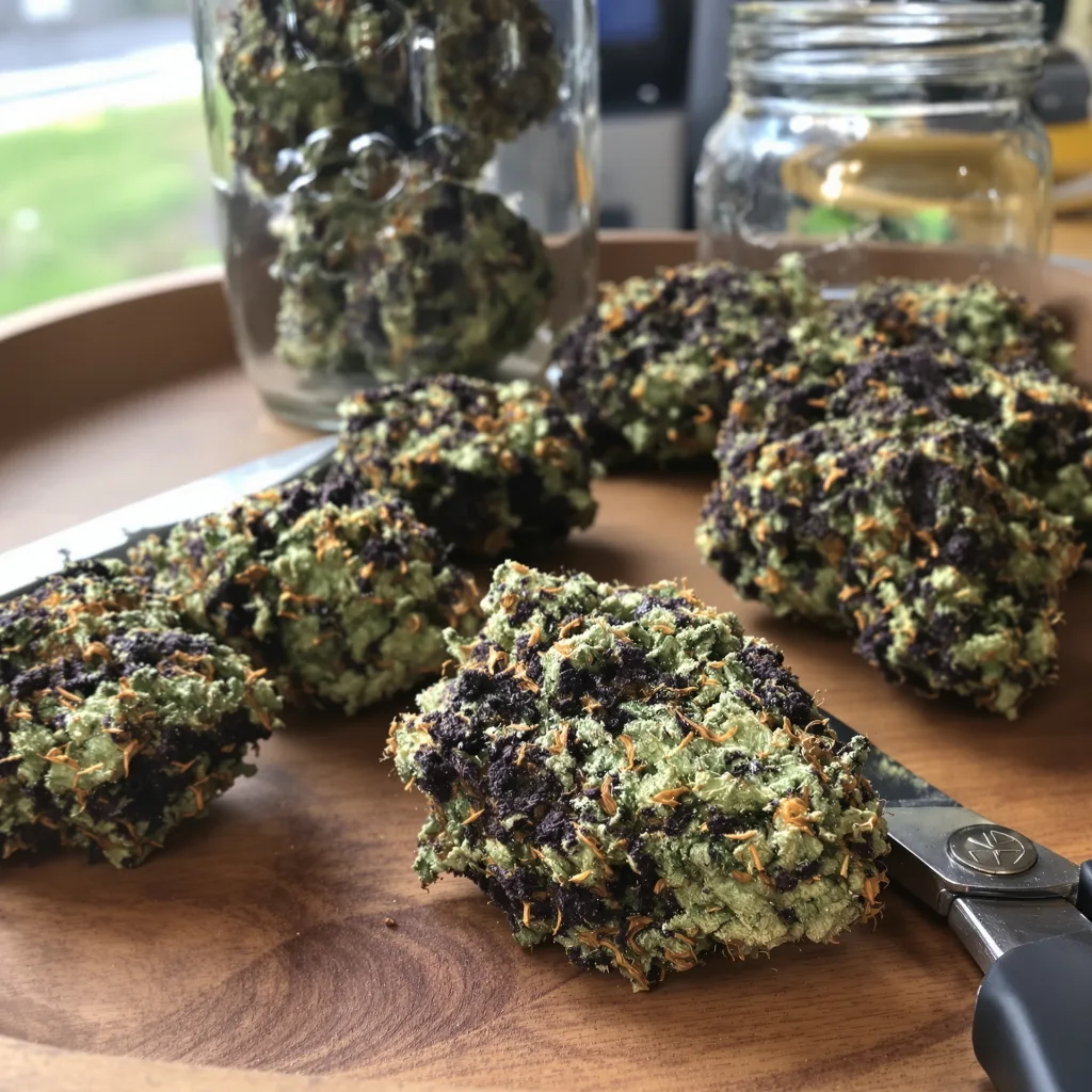 Afgooey 65% Indica / 35% Sativa — Blüte mit sichtbaren Trichomen