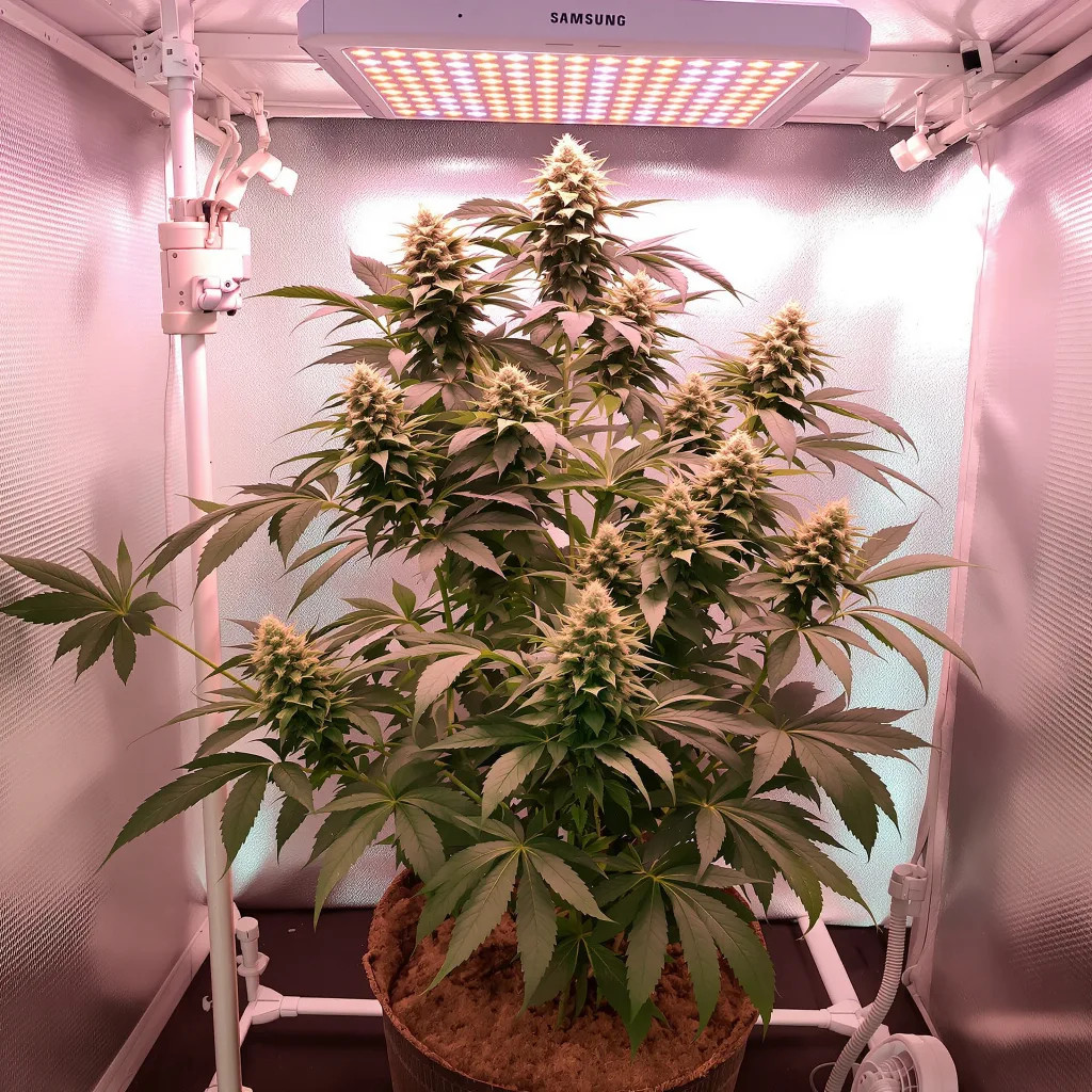 Afgooey 65% Indica / 35% Sativa — Blüte mit sichtbaren Trichomen