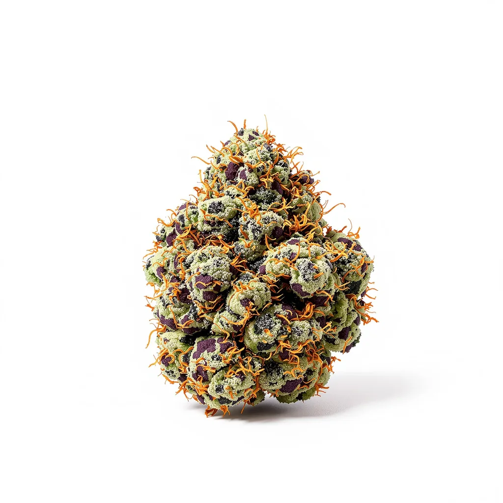 Afgooey 65% Indica / 35% Sativa — Blüte mit sichtbaren Trichomen