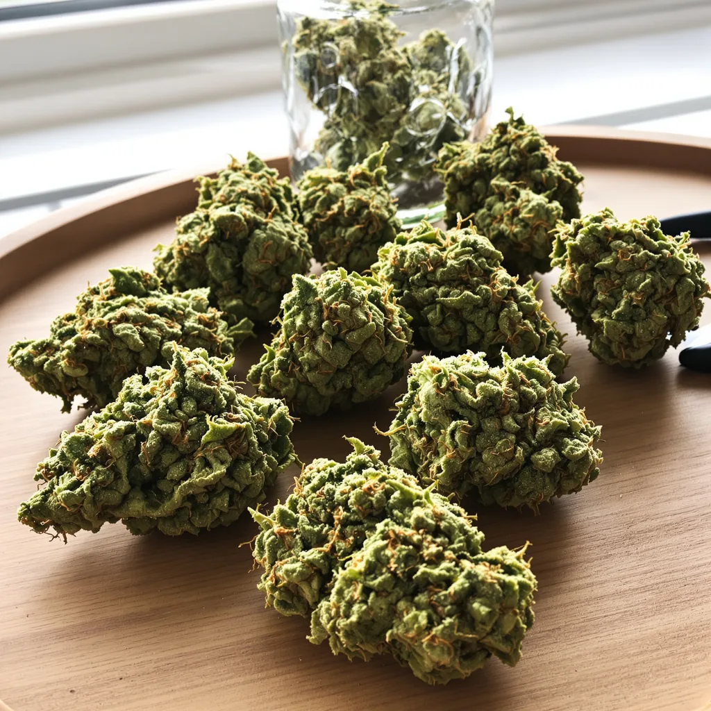 Allen Wrench 20% Indica / 80% Sativa — Blüte mit sichtbaren Trichomen