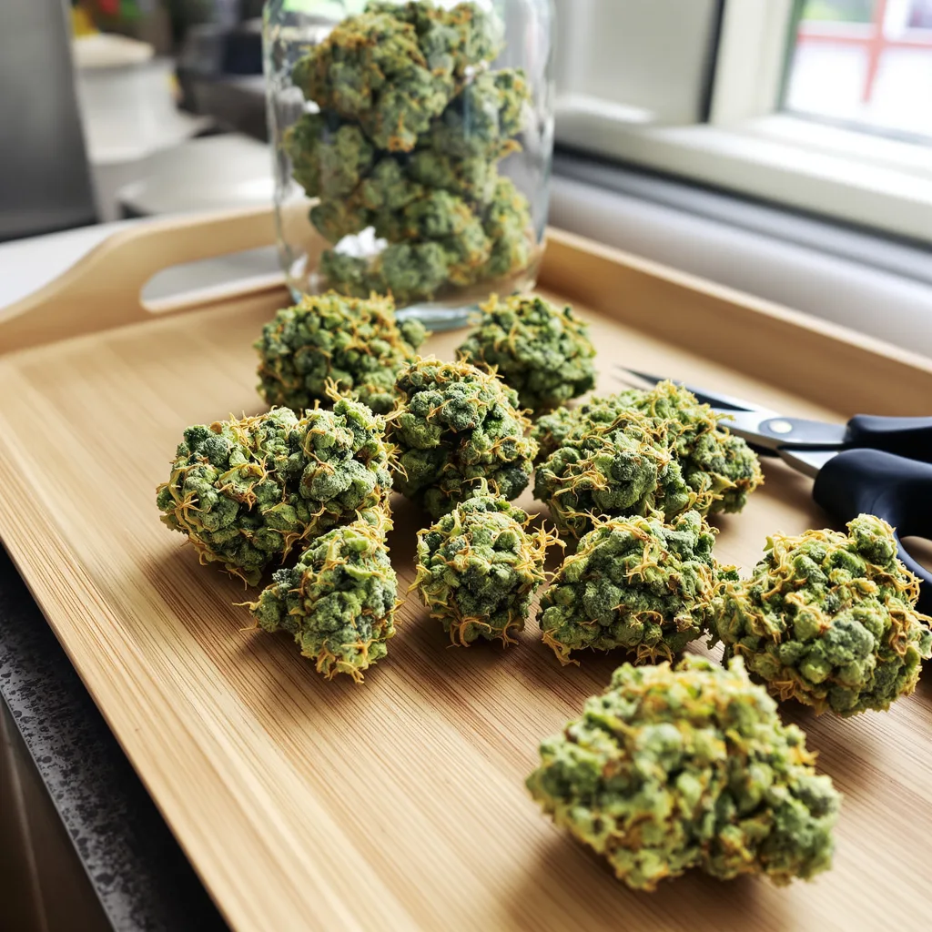Alpha Blue 24% Indica / 76% Sativa — Blüte mit sichtbaren Trichomen