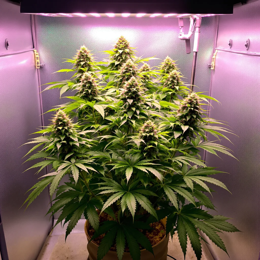 Amazonian 77% Indica / 23% Sativa — Blüte mit sichtbaren Trichomen