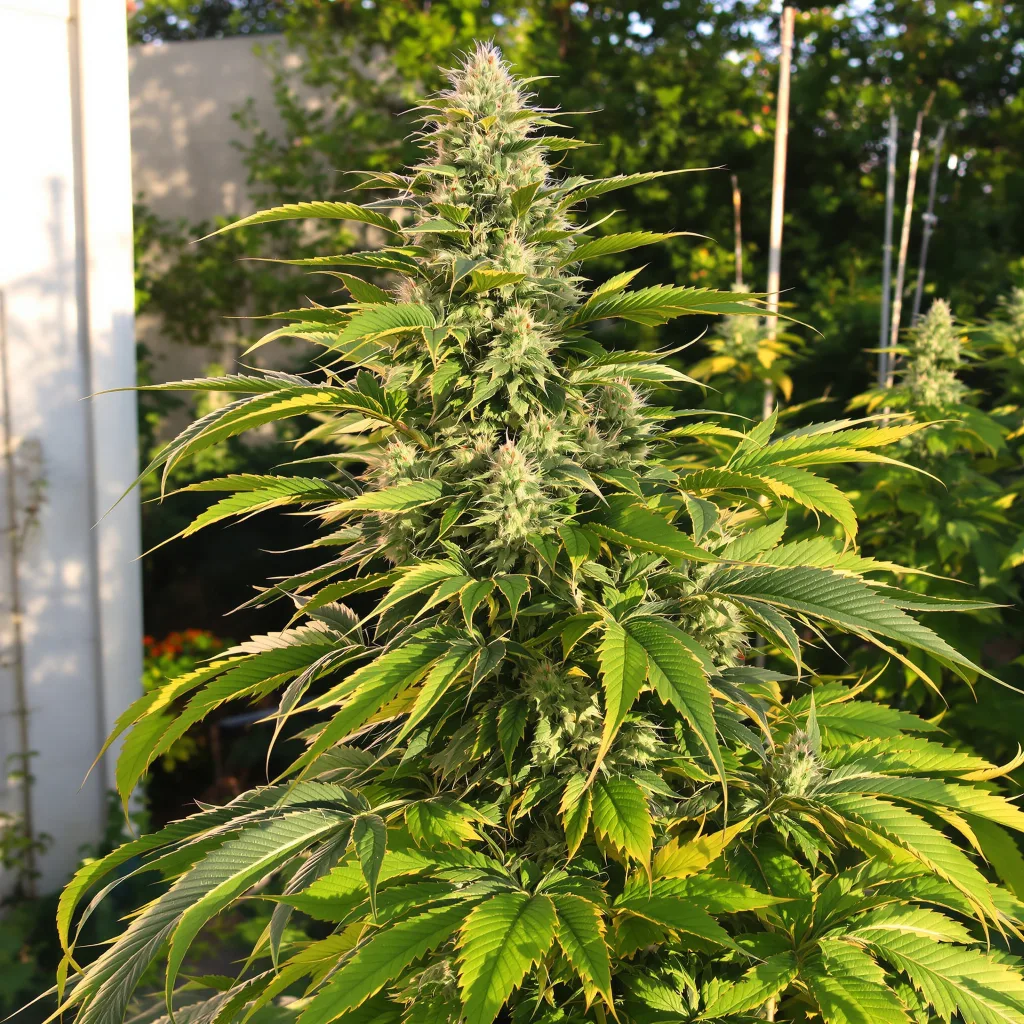 Amazonian 77% Indica / 23% Sativa — Blüte mit sichtbaren Trichomen