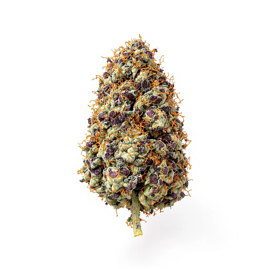 Amazonian 77% Indica / 23% Sativa — Blüte mit sichtbaren Trichomen