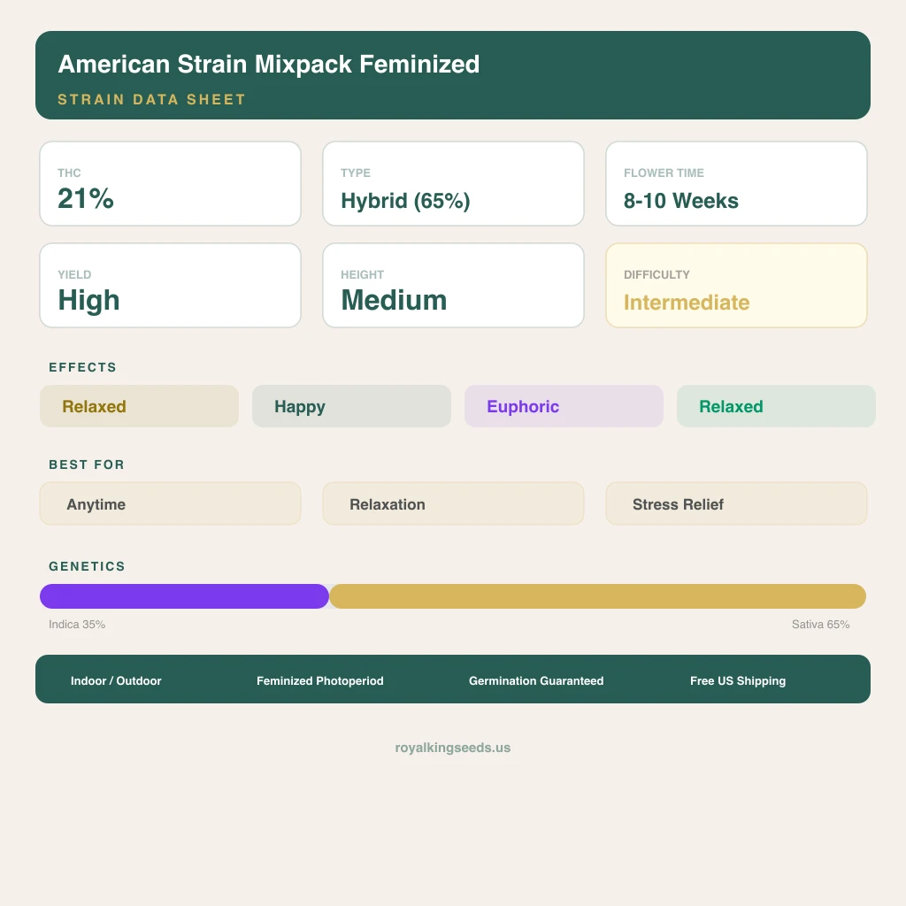 American Strain Mixpack 35% Indica / 65% Sativa — Blüte mit sichtbaren Trichomen