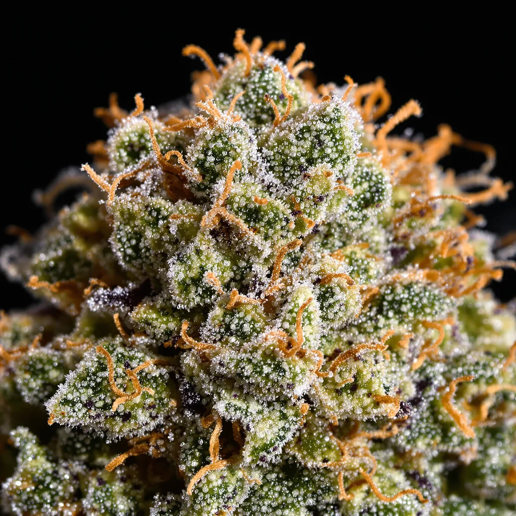 American Strains Pack Cannabisblüte Nahaufnahme mit offene Blütenstruktur mit orangen Pistillen