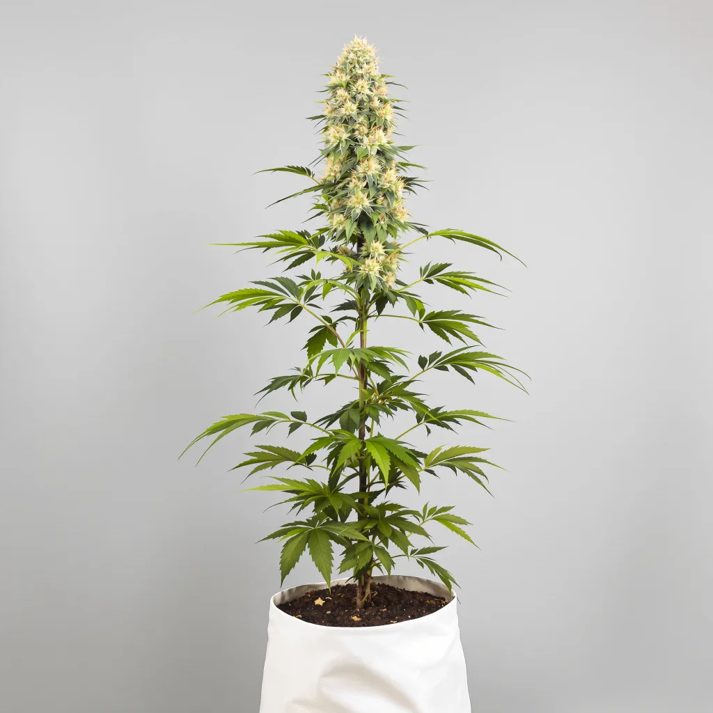 Amethyst Cannabisblüte Nahaufnahme mit ausgewogene Blütenstruktur mit eisigen Trichomen