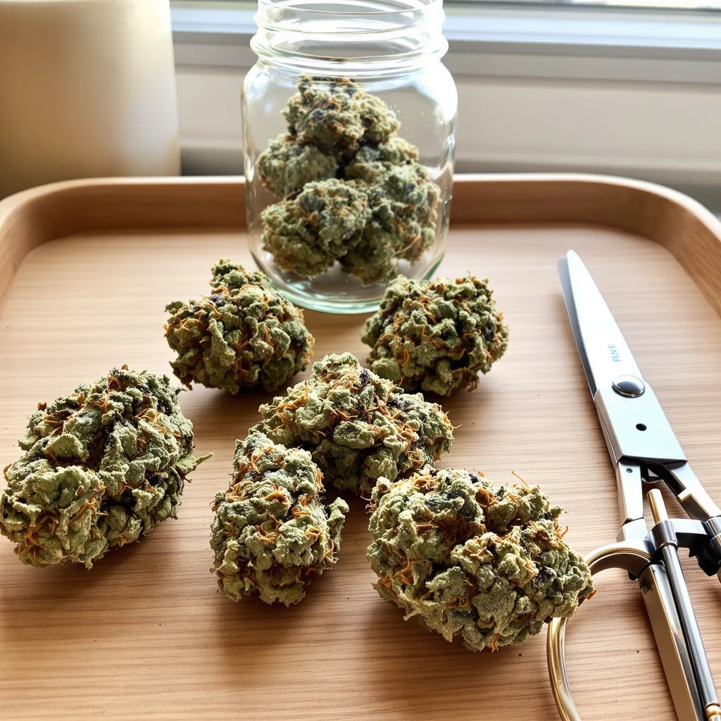 Amethyst 51% Indica / 49% Sativa — Blüte mit sichtbaren Trichomen
