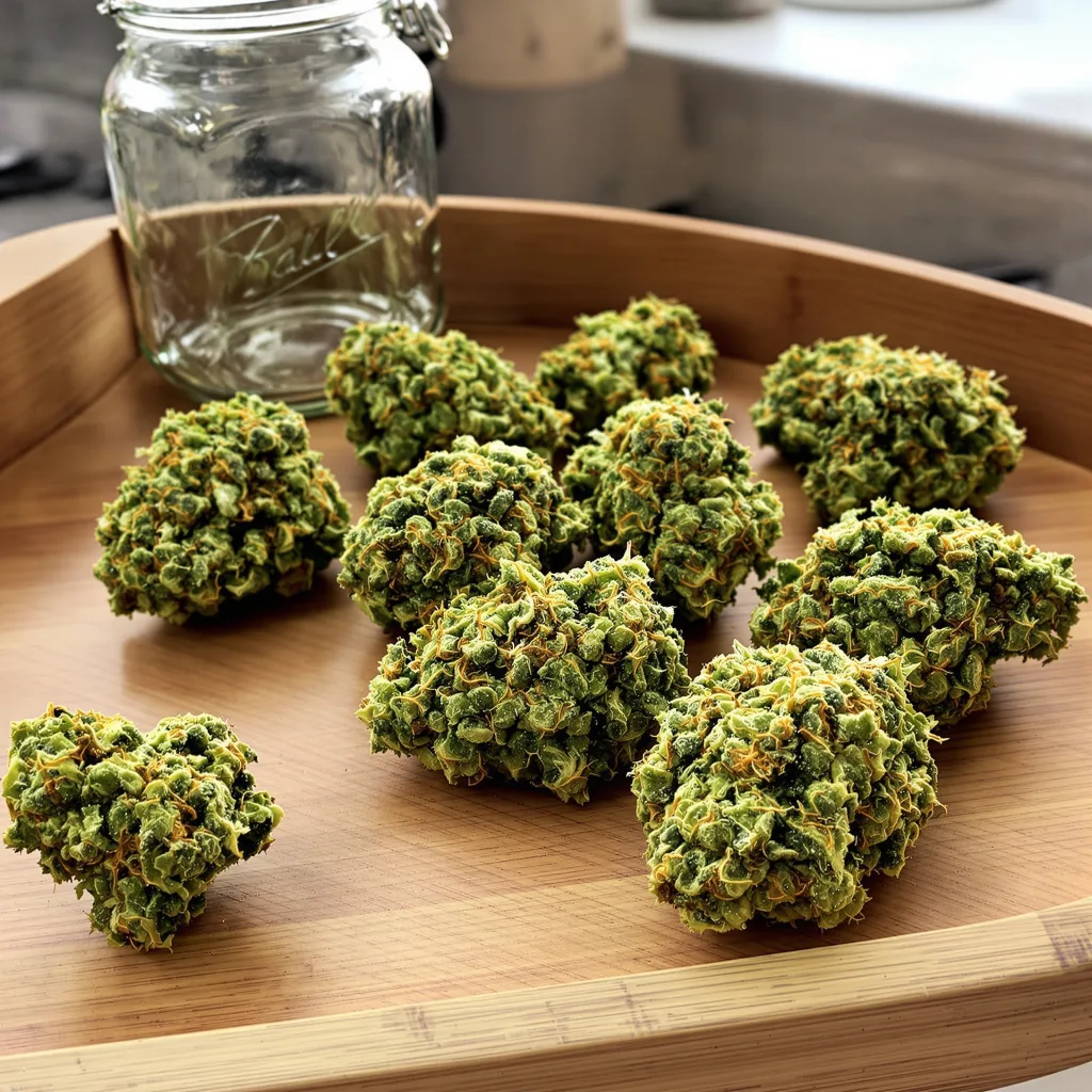 Amnesia 16% Indica / 84% Sativa — Blüte mit sichtbaren Trichomen