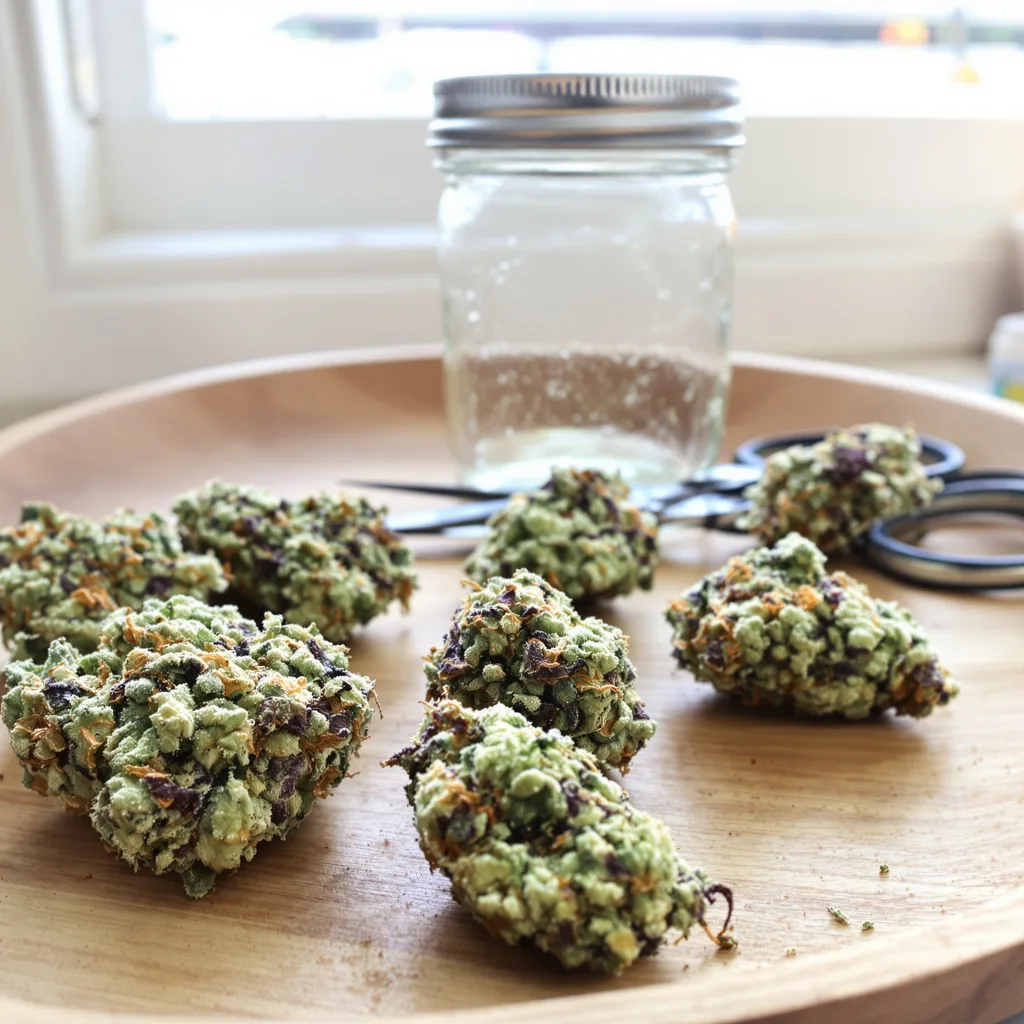 Amnesia Lemon 43% Indica / 57% Sativa — Blüte mit sichtbaren Trichomen