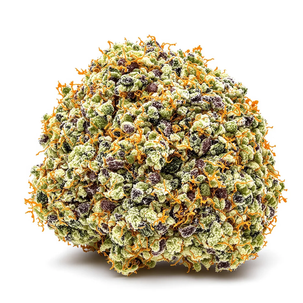 Amnesia Lemon 43% Indica / 57% Sativa — Blüte mit sichtbaren Trichomen