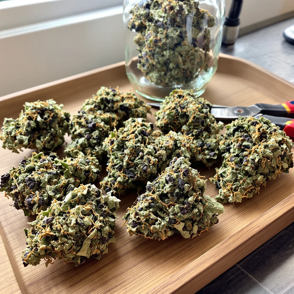 Ancient OG 77% Indica / 23% Sativa — Blüte mit sichtbaren Trichomen