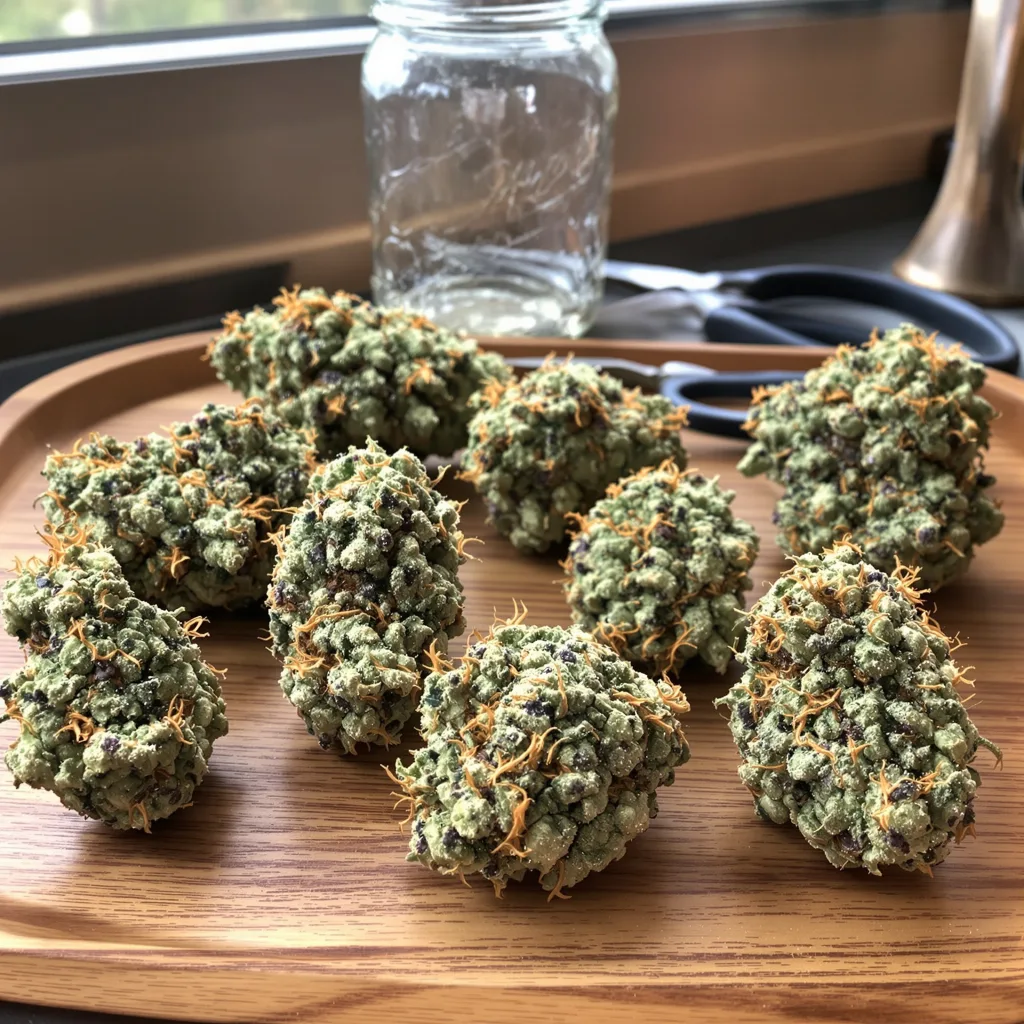 Apple Crisp 53% Indica / 47% Sativa — Blüte mit sichtbaren Trichomen