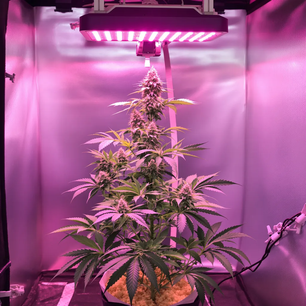 Aspen OG 86% Indica / 14% Sativa — Blüte mit sichtbaren Trichomen