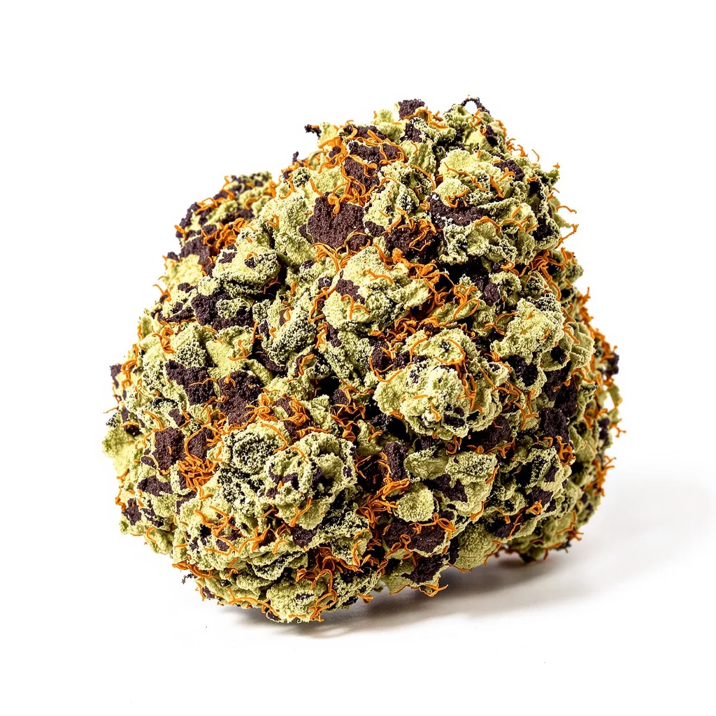 Aspen OG 86% Indica / 14% Sativa — Blüte mit sichtbaren Trichomen