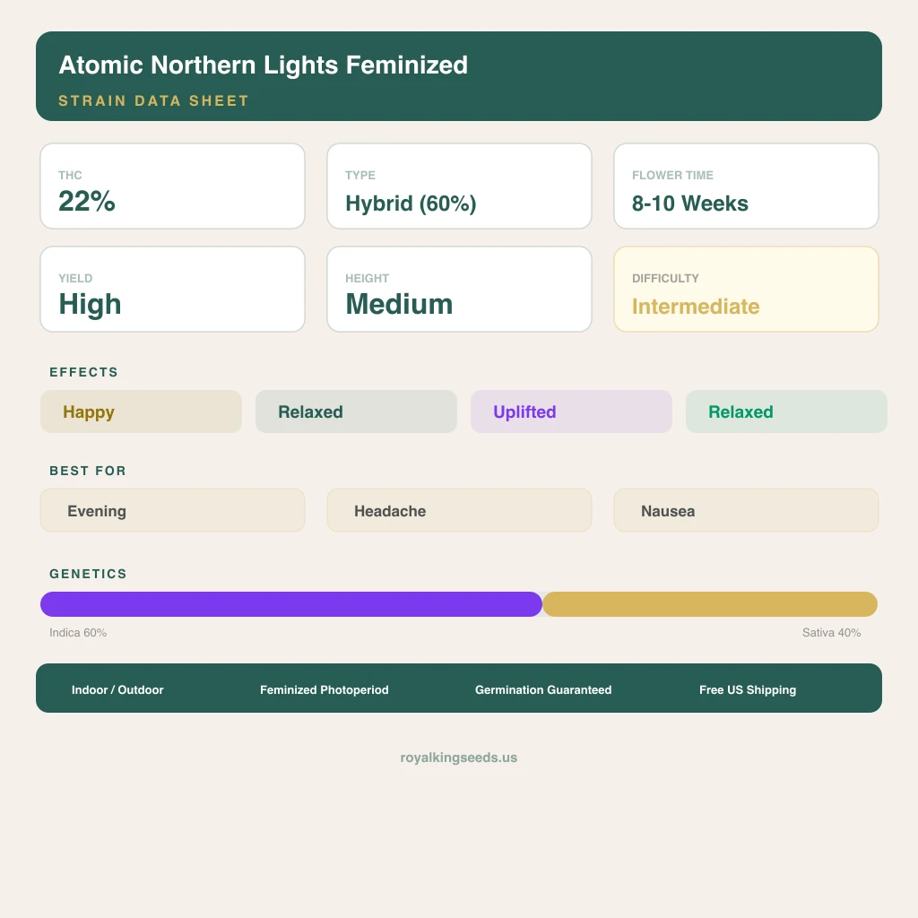 Atomic Northern Lights 60% Indica / 40% Sativa — Blüte mit sichtbaren Trichomen