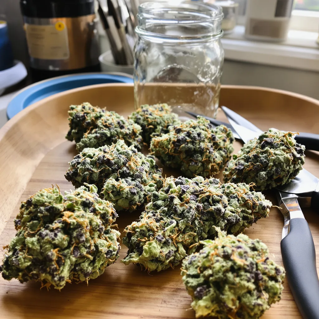 Aurora Borealis 49% Indica / 51% Sativa — Blüte mit sichtbaren Trichomen