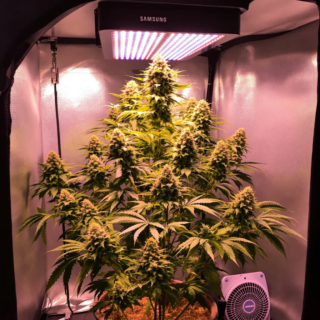 Aurora Borealis 49% Indica / 51% Sativa — Blüte mit sichtbaren Trichomen