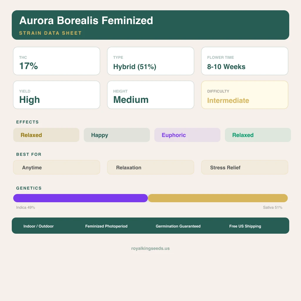 Aurora Borealis 49% Indica / 51% Sativa — Blüte mit sichtbaren Trichomen