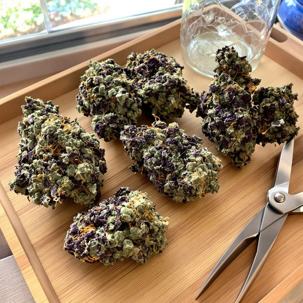 Banana Cream OG 73% Indica / 27% Sativa — Blüte mit sichtbaren Trichomen