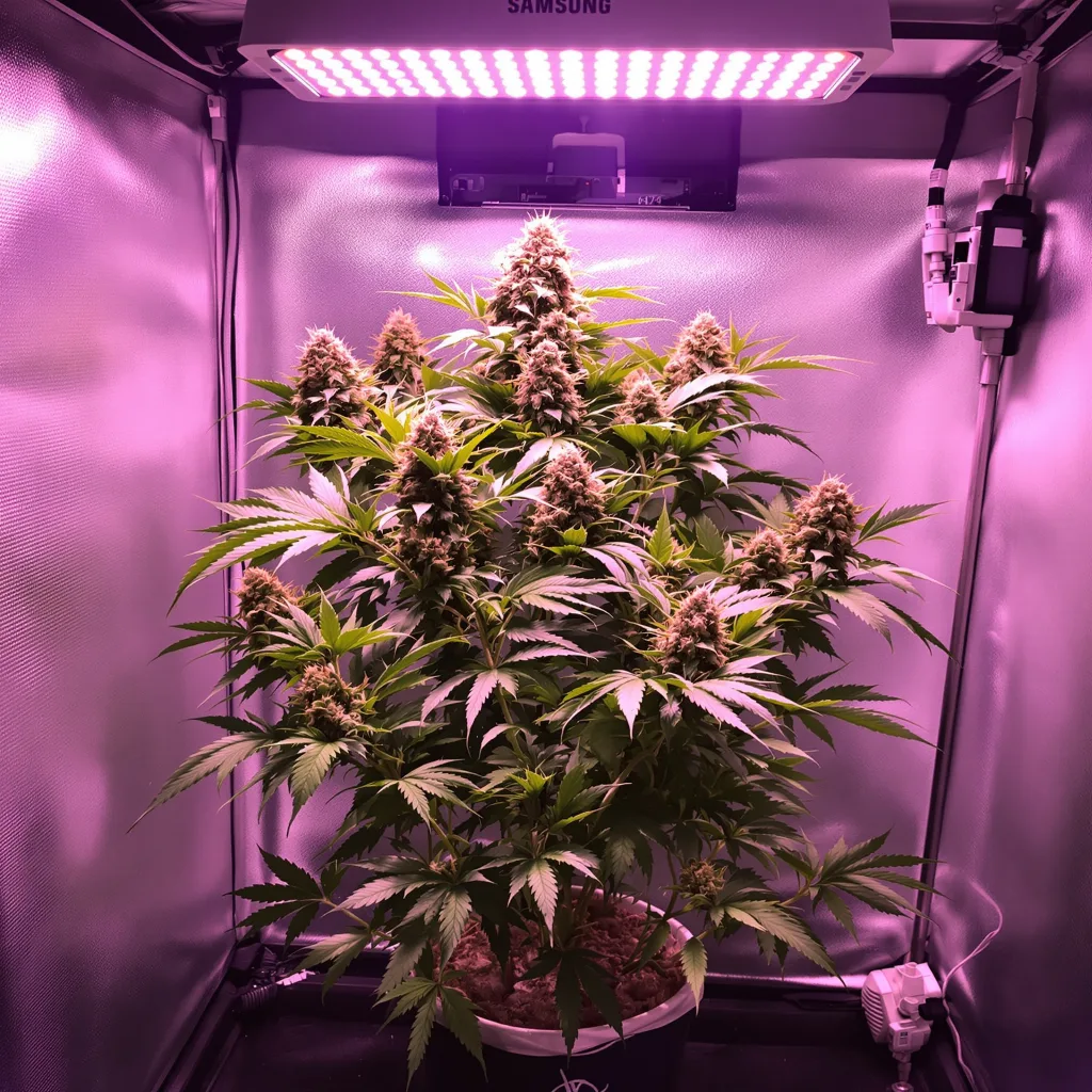 Banana Cream OG 73% Indica / 27% Sativa — Blüte mit sichtbaren Trichomen