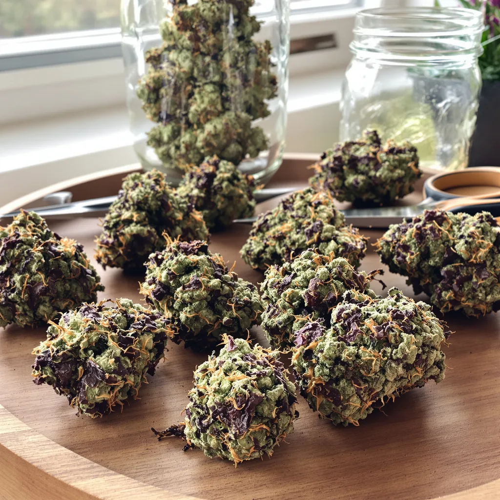 Banana Diesel 70% Indica / 30% Sativa — Blüte mit sichtbaren Trichomen