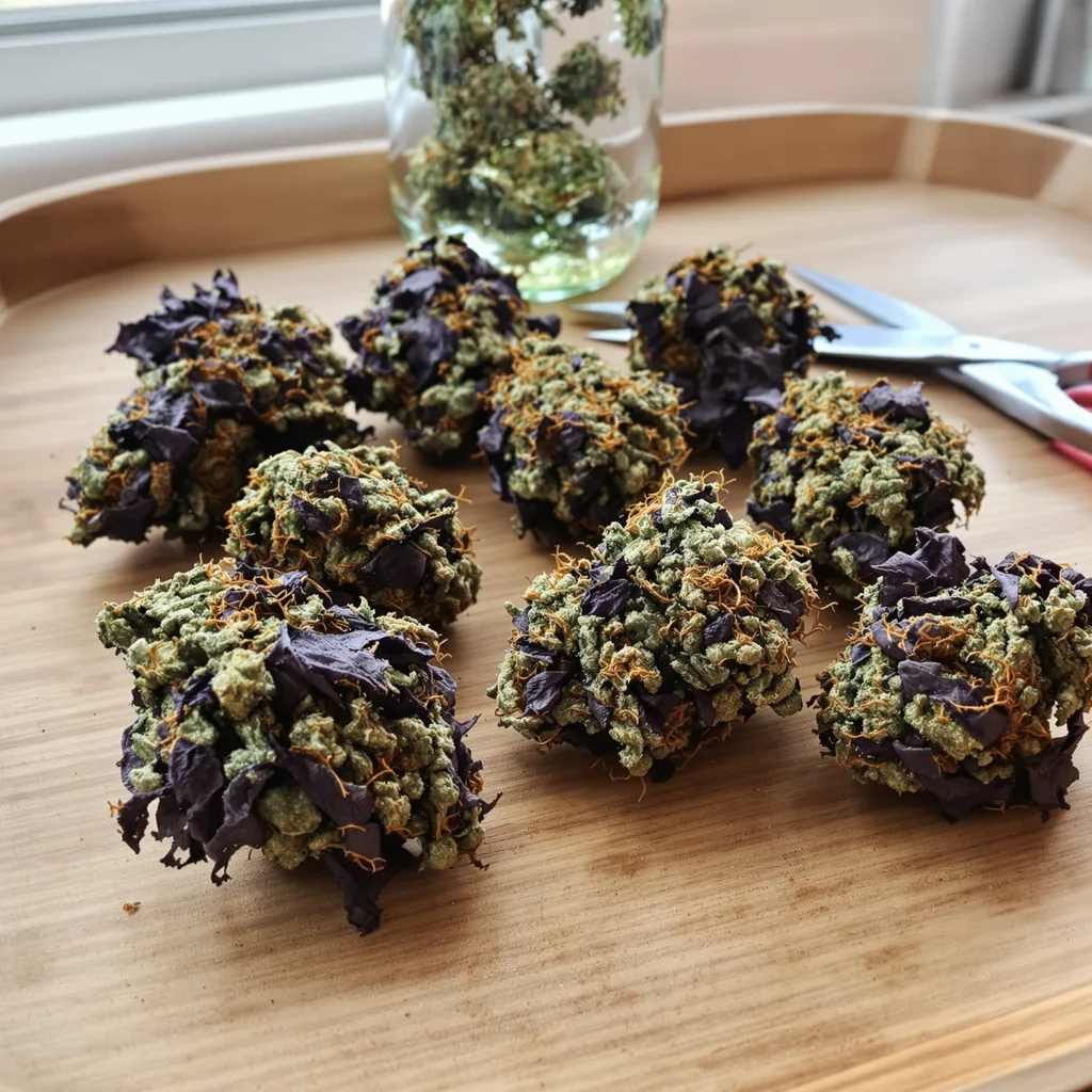 Banana Kush 76% Indica / 24% Sativa — Blüte mit sichtbaren Trichomen