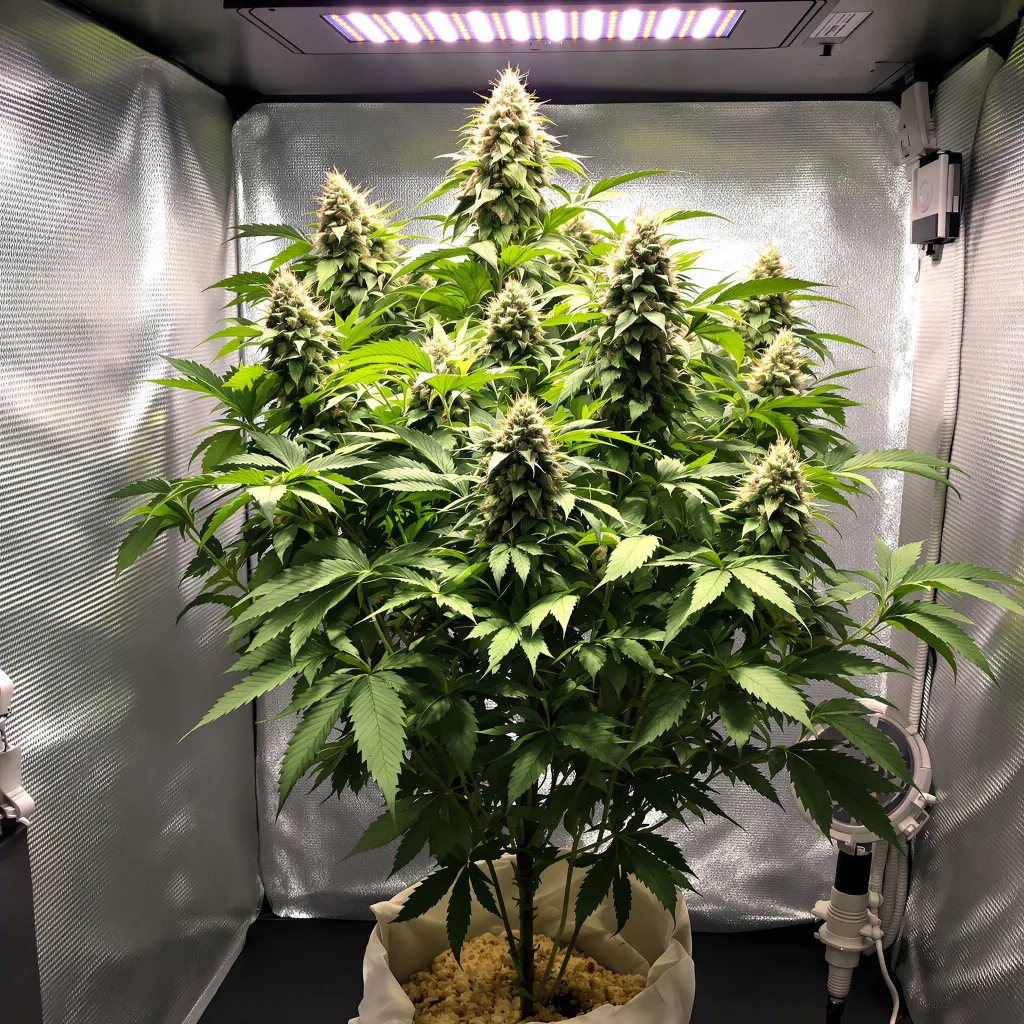 Banana Kush 76% Indica / 24% Sativa — Blüte mit sichtbaren Trichomen