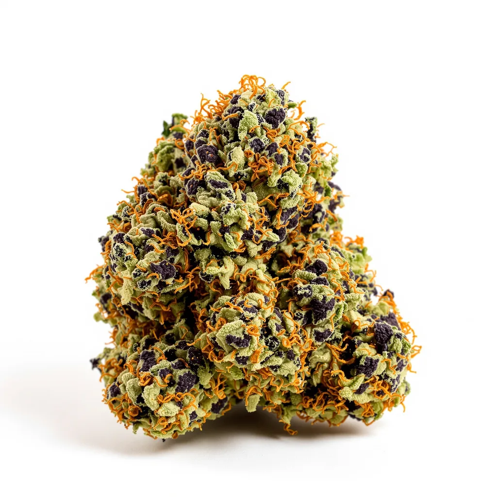 Banana Kush 76% Indica / 24% Sativa — Blüte mit sichtbaren Trichomen