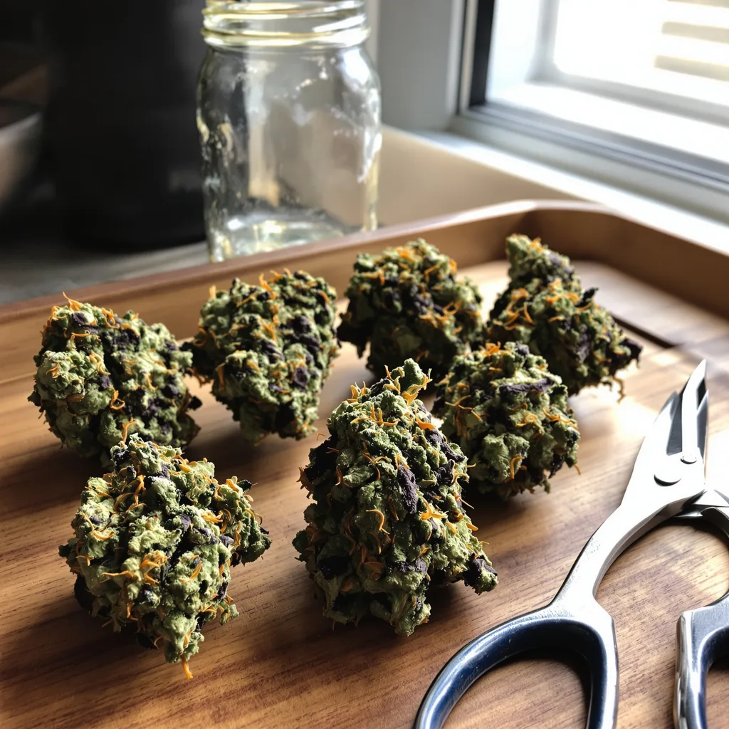 Barbara Bud 69% Indica / 31% Sativa — Blüte mit sichtbaren Trichomen