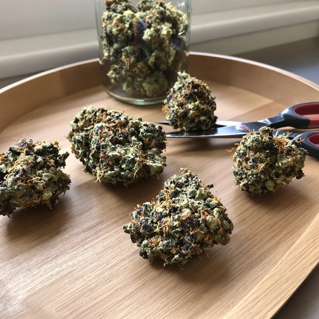 Batman OG 84% Indica / 16% Sativa — Blüte mit sichtbaren Trichomen